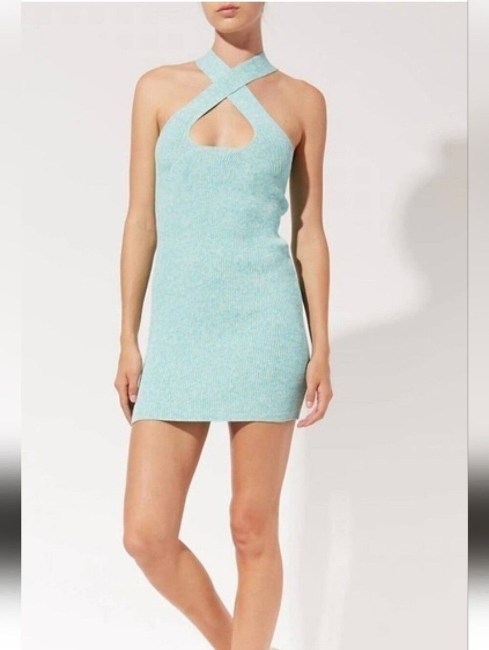 SOLID & STRIPED Aqua Cross-Neck Ribbed Mini Dress